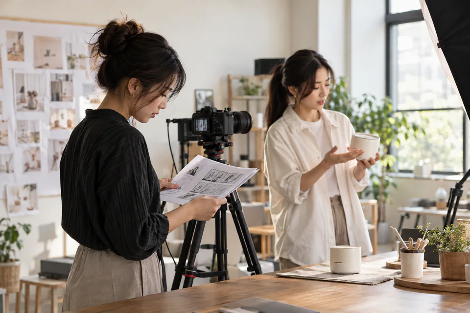 內容製作人與講者在攝影機旁準備品牌影片的情境示意