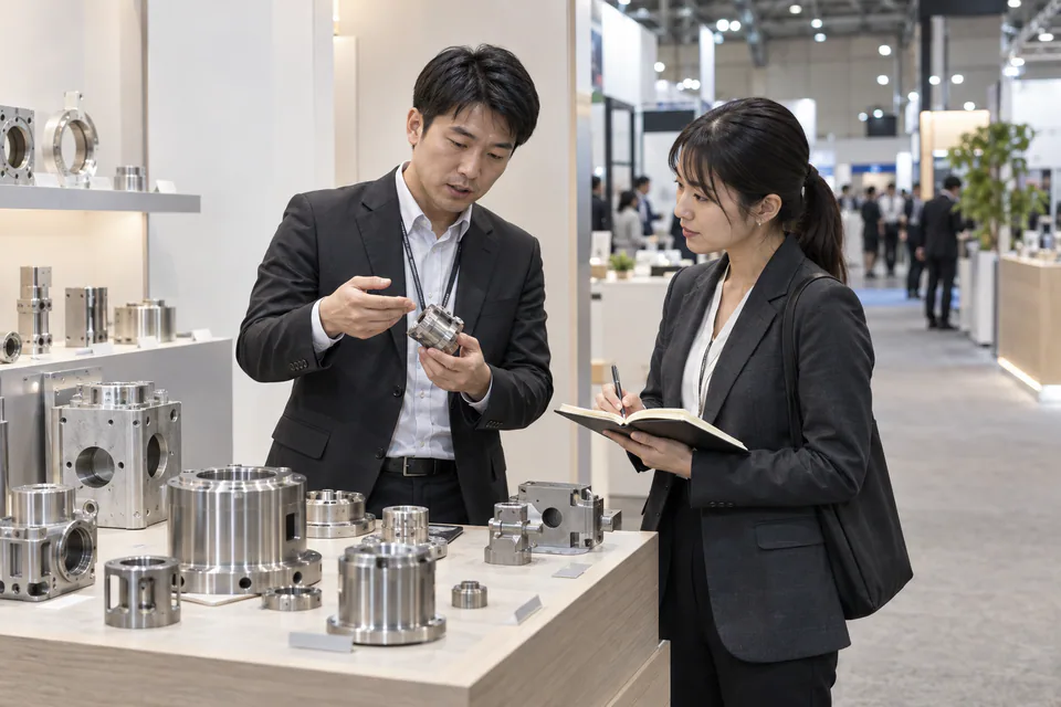 製造企業於展會討論樣品並記錄需求的情境示意