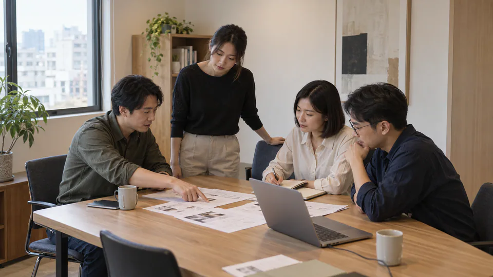 團隊在日常會議室核對流程文件的工作情境示意